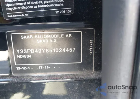 2005 Saab 9-3 Arc z USA, uszkodzony, nr VIN YS3FD49Y851024457